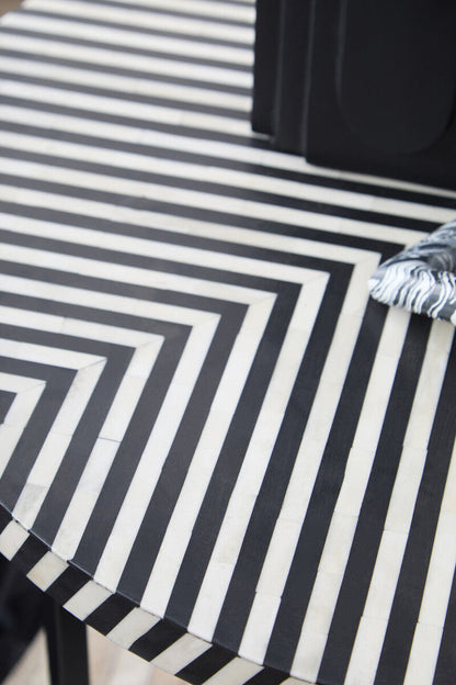 Black and White Top Bone Inlay Coffee Table with Black Metal Legs | Boho