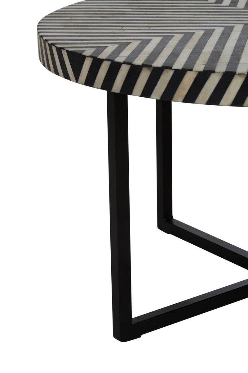 Black and White Top Bone Inlay Coffee Table with Black Metal Legs | Boho