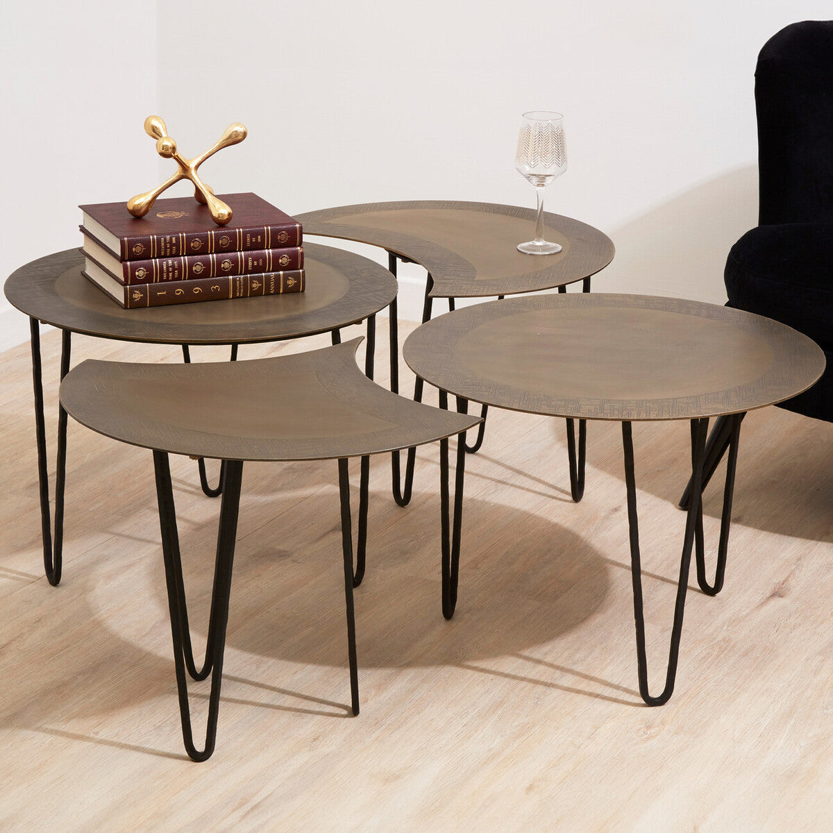 Set of 4 Black and Gold Top Coffee Tables with Iron Hairpin Legs | Rany