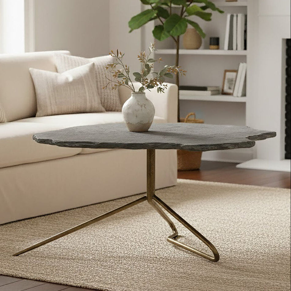 Grey Stone Top Coffee Table with Tripod Geometric Base | Rany