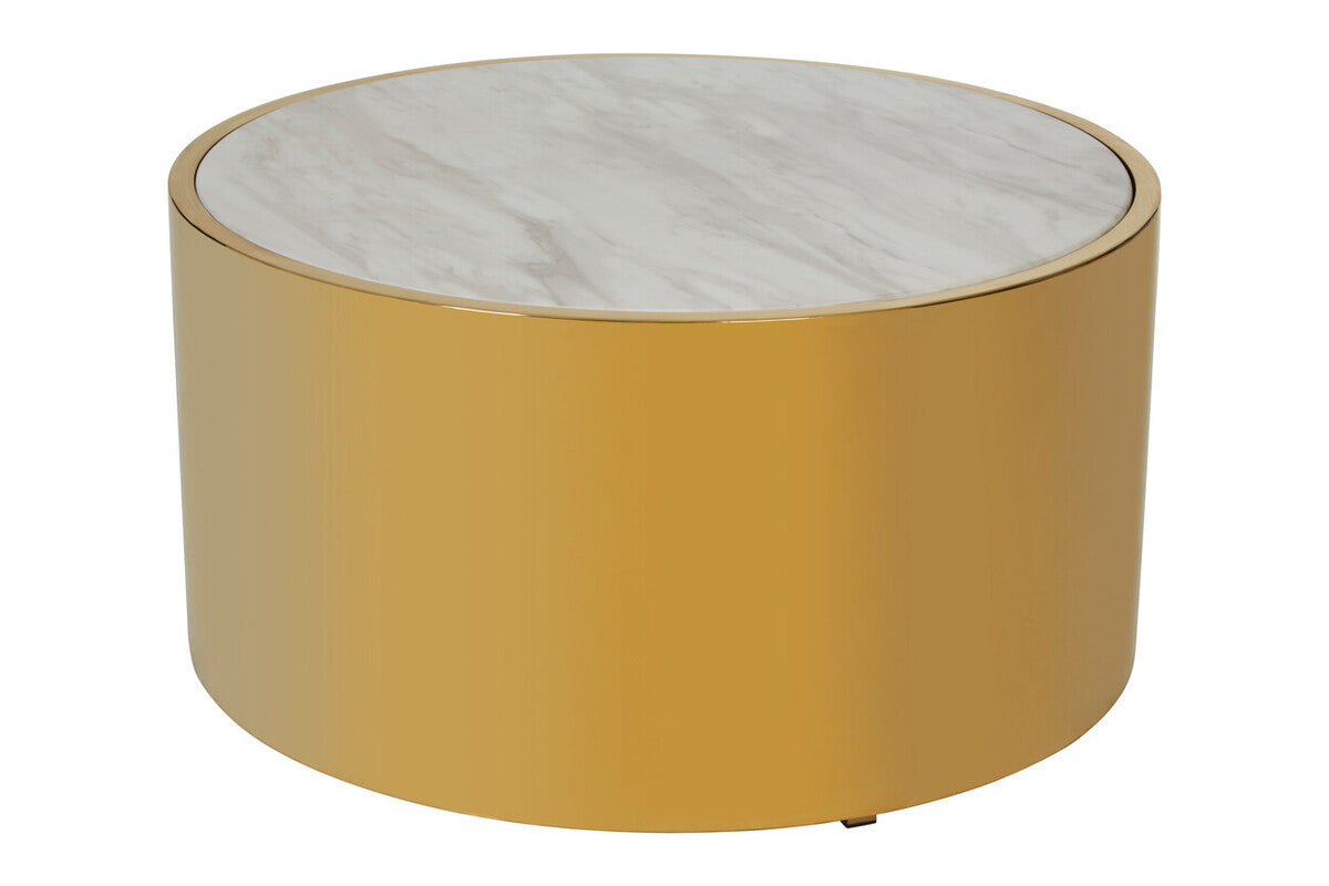 White Marble Effect Top Round Coffee Table with Gold Steel Frame | Carlox