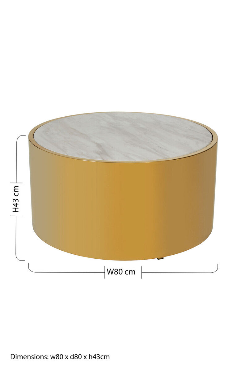 White Marble Effect Top Round Coffee Table with Gold Steel Frame | Carlox