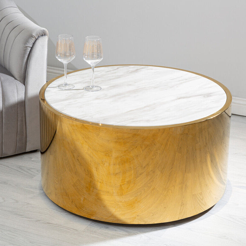 White Marble Effect Top Round Coffee Table with Gold Steel Frame | Carlox