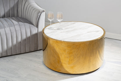 White Marble Effect Top Round Coffee Table with Gold Steel Frame | Carlox