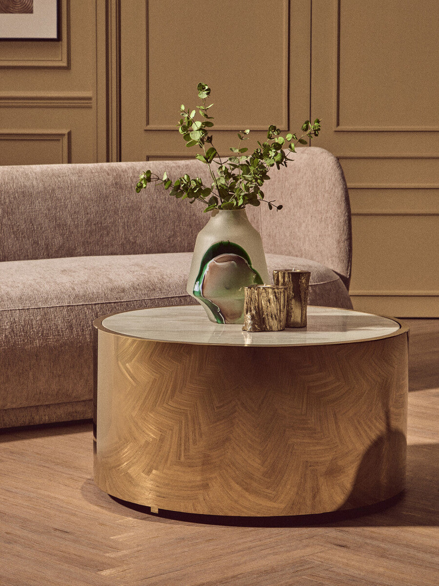 White Marble Effect Top Round Coffee Table with Gold Steel Frame | Carlox