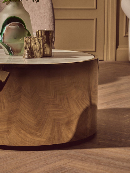 White Marble Effect Top Round Coffee Table with Gold Steel Frame | Carlox