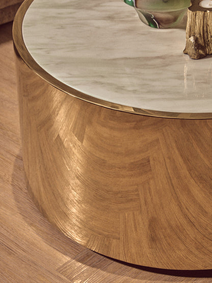 White Marble Effect Top Round Coffee Table with Gold Steel Frame | Carlox