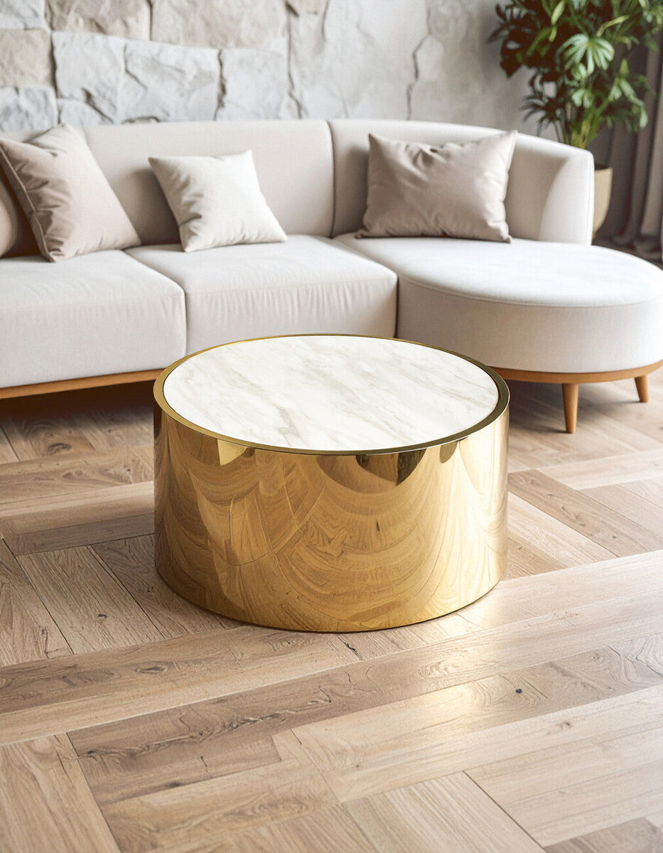 White Marble Effect Top Round Coffee Table with Gold Steel Frame | Carlox