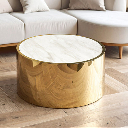 White Marble Effect Top Round Coffee Table with Gold Steel Frame | Carlox