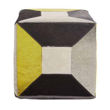 Safira Black and White Hair on Leather Pouffe with Stitched Detail