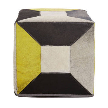 Safira Black and White Hair on Leather Pouffe with Stitched Detail