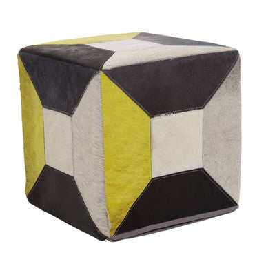 Safira Black and White Hair on Leather Pouffe with Stitched Detail