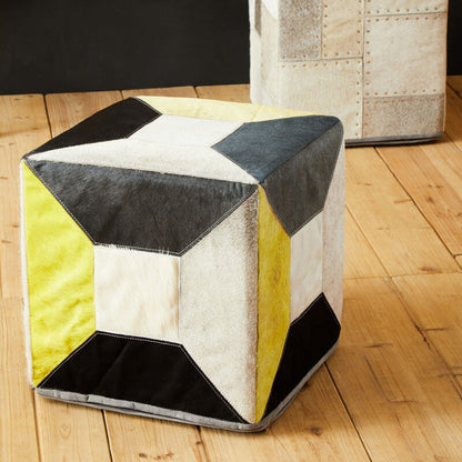 Safira Black and White Hair on Leather Pouffe with Stitched Detail