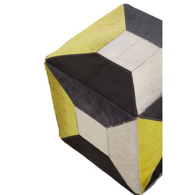 Safira Black and White Hair on Leather Pouffe with Stitched Detail