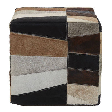 Safira Black Hair on Leather Pouffe with Geometric Patchwork