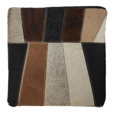 Safira Black Hair on Leather Pouffe with Geometric Patchwork