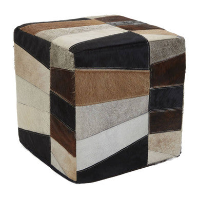 Safira Black Hair on Leather Pouffe with Geometric Patchwork