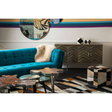 Safira Black Hair on Leather Pouffe with Geometric Patchwork