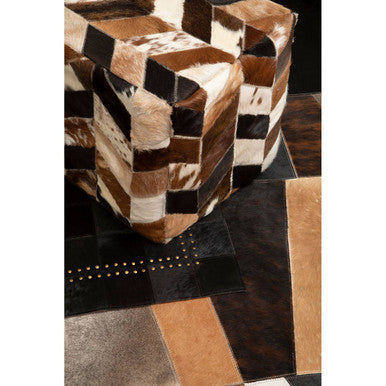 Safira Black Hair on Leather Pouffe with Geometric Patchwork