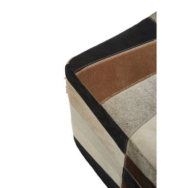 Safira Black Hair on Leather Pouffe with Geometric Patchwork