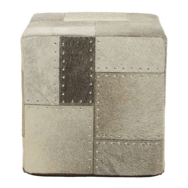 Safira Grey Leather Pouffe With Geometric Patchwork
