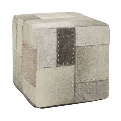 Safira Grey Leather Pouffe With Geometric Patchwork
