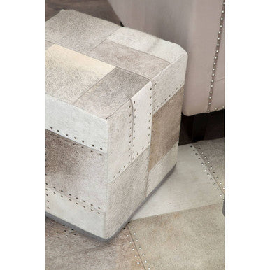 Safira Grey Leather Pouffe With Geometric Patchwork