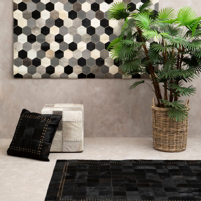 Safira Grey Leather Pouffe With Geometric Patchwork