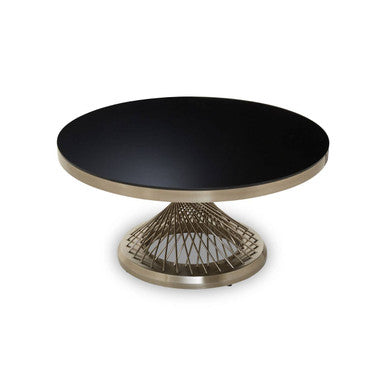 Anzio Black Glass Round Coffee Table with Brushed Silver Finish Base