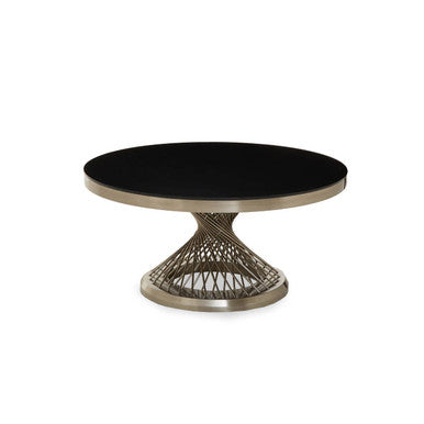 Anzio Black Glass Round Coffee Table with Brushed Silver Finish Base