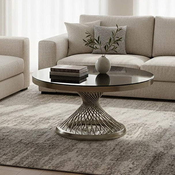 Anzio Black Glass Round Coffee Table with Brushed Silver Finish Base
