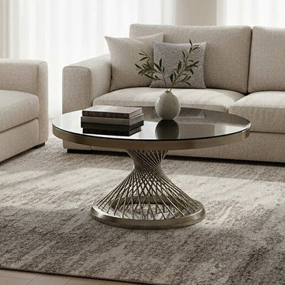 Anzio Black Glass Round Coffee Table with Brushed Silver Finish Base