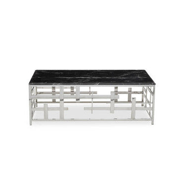 Black Marble Top Coffee Table with Silver Finish Geometric Stainless Steel Base | Aprilia