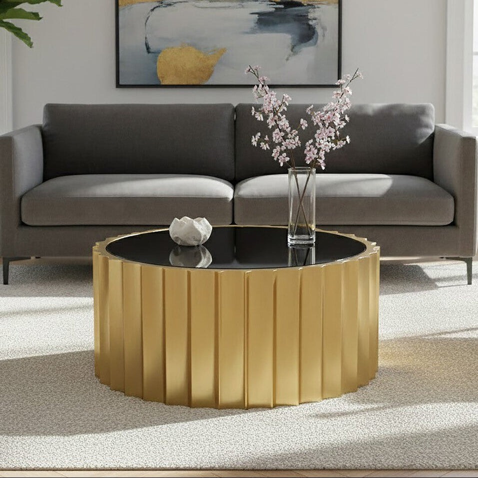 Alvaro Black Glass Coffee Table with Ribbed Gold Metal Frame
