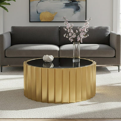Alvaro Black Glass Coffee Table with Ribbed Gold Metal Frame