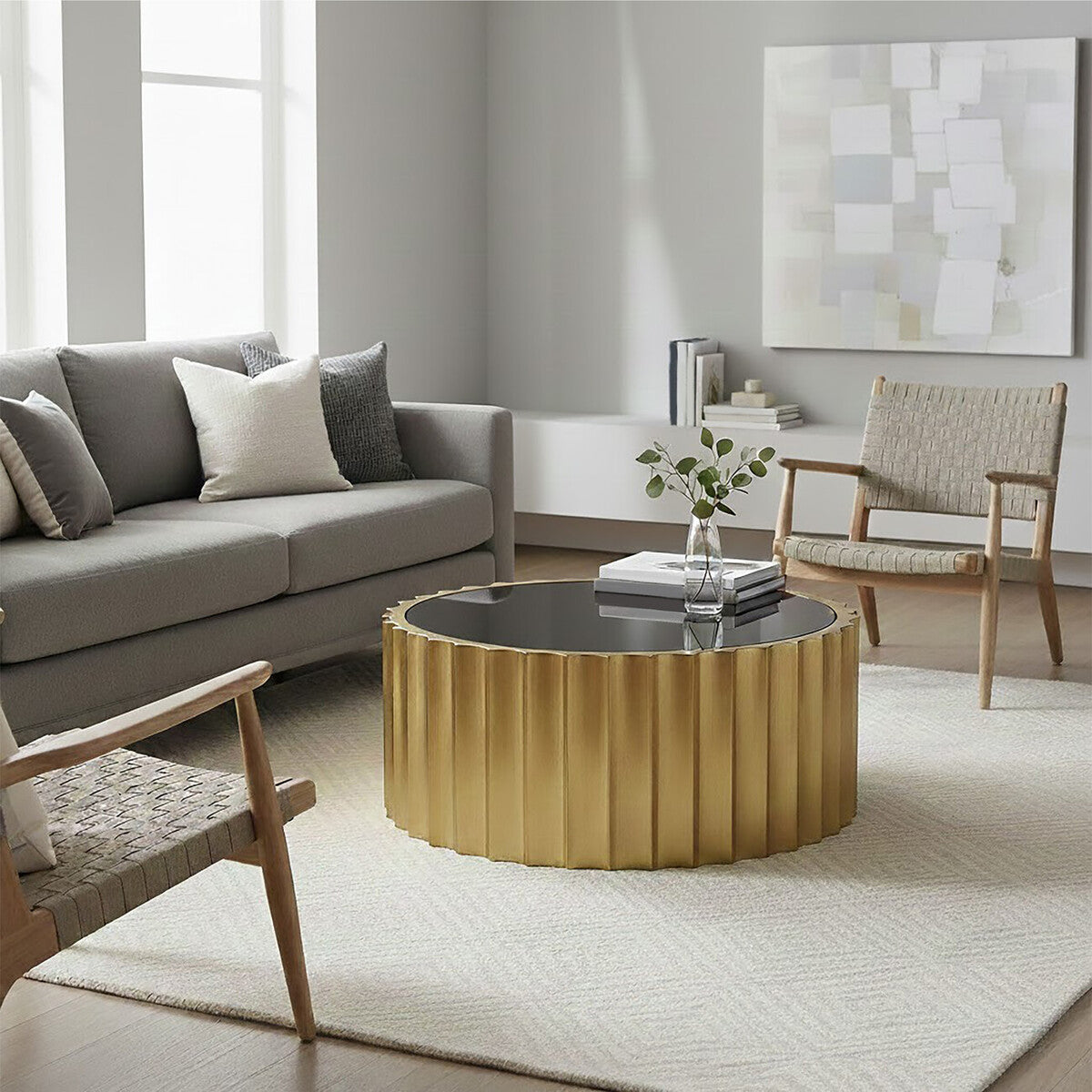 Alvaro Black Glass Coffee Table with Ribbed Gold Metal Frame