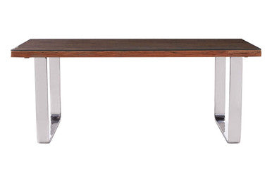 Natural Wood and Clear Glass Top Dining Table with Silver U-Shaped Metal Legs | Kerala