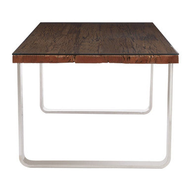 Natural Wood and Clear Glass Top Dining Table with Silver U-Shaped Metal Legs | Kerala