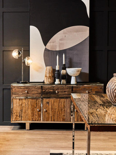 Natural Wood and Clear Glass Top Dining Table with Silver U-Shaped Metal Legs | Kerala
