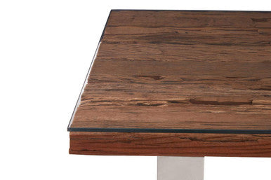 Natural Wood and Clear Glass Top Dining Table with Silver U-Shaped Metal Legs | Kerala