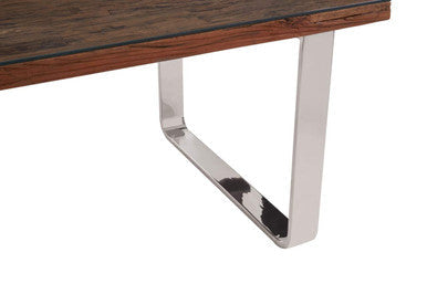 Natural Wood and Clear Glass Top Dining Table with Silver U-Shaped Metal Legs | Kerala