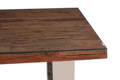 Natural Wood and Clear Glass Top Dining Table with Silver U-Shaped Metal Legs | Kerala