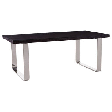 Large Black Pinewood and Clear Glass Top Dining Table with Silver U-Shaped Metal Legs | Kerala