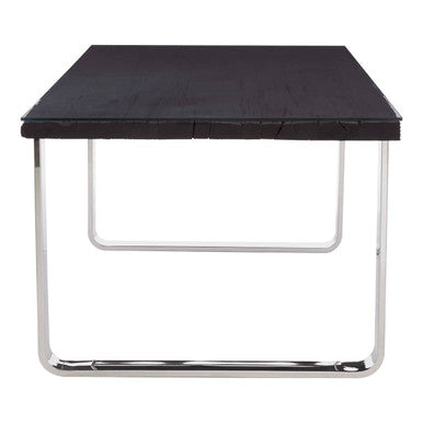 Large Black Pinewood and Clear Glass Top Dining Table with Silver U-Shaped Metal Legs | Kerala