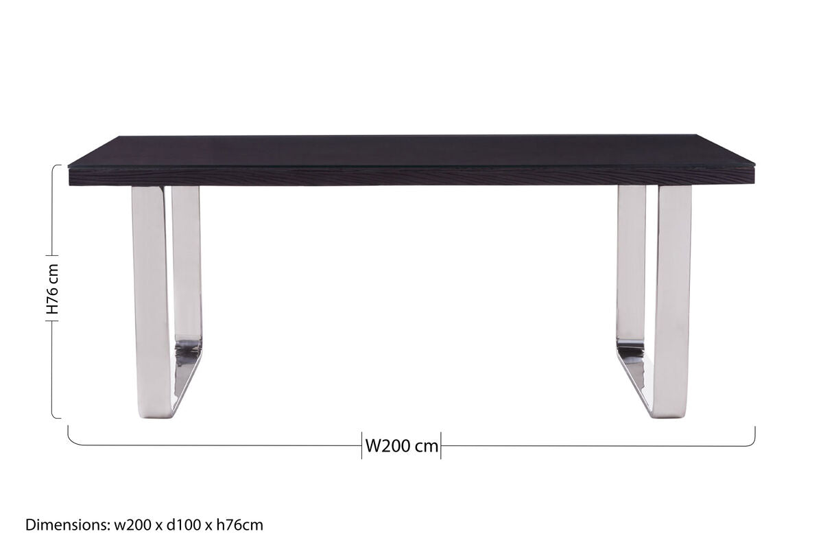Large Black Pinewood and Clear Glass Top Dining Table with Silver U-Shaped Metal Legs | Kerala