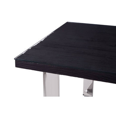 Large Black Pinewood and Clear Glass Top Dining Table with Silver U-Shaped Metal Legs | Kerala