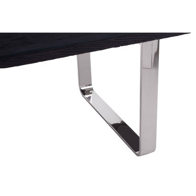 Large Black Pinewood and Clear Glass Top Dining Table with Silver U-Shaped Metal Legs | Kerala