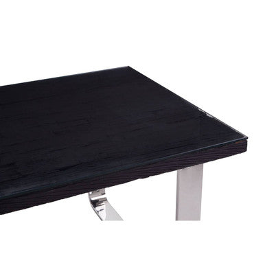 Large Black Pinewood and Clear Glass Top Dining Table with Silver U-Shaped Metal Legs | Kerala