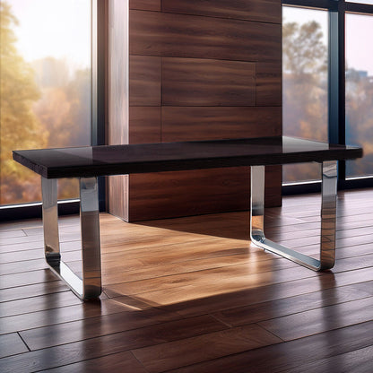 Large Black Pinewood and Clear Glass Top Dining Table with Silver U-Shaped Metal Legs | Kerala