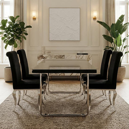 Large Black Pinewood and Clear Glass Top Dining Table with Silver U-Shaped Metal Legs | Kerala